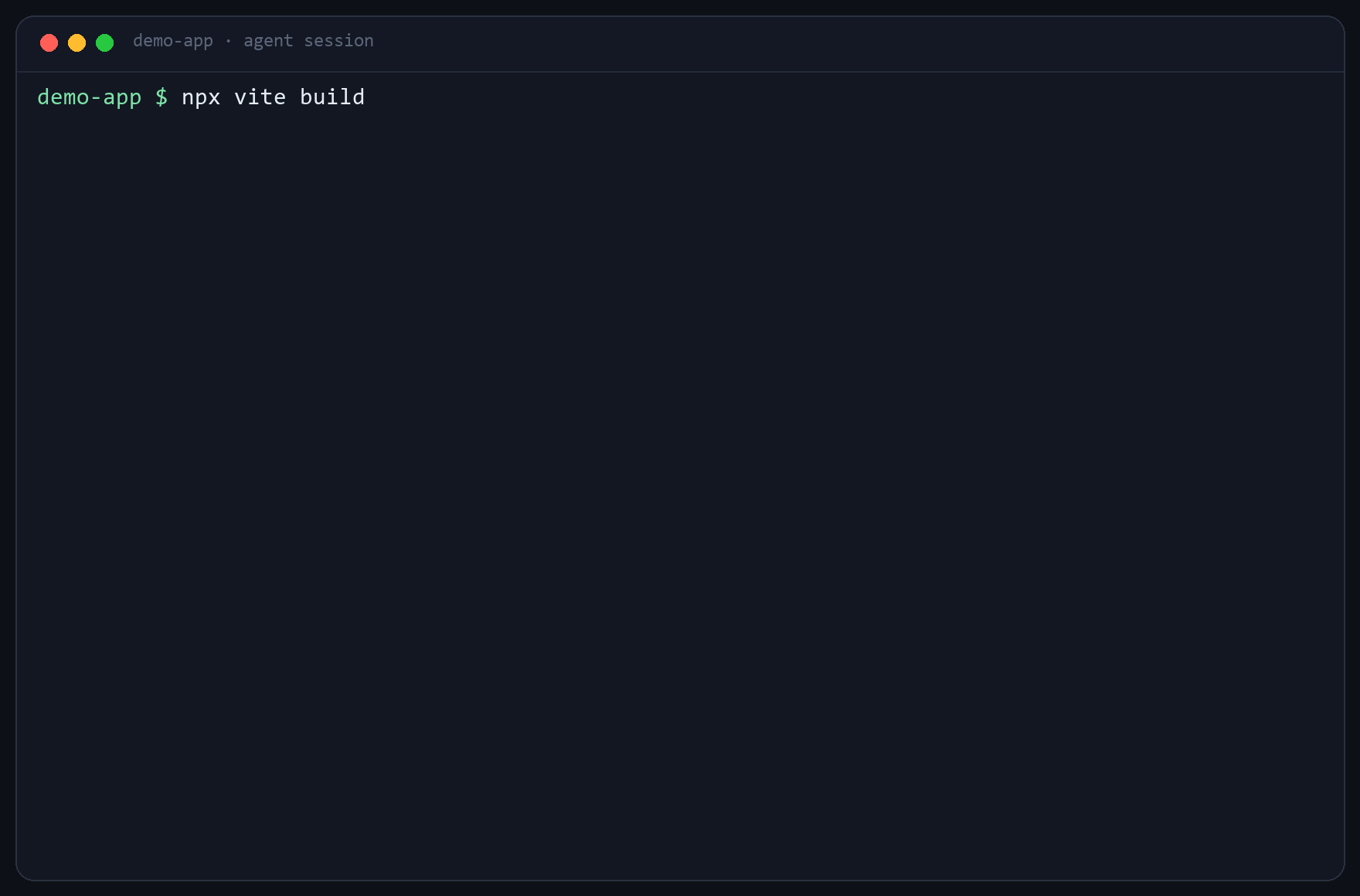 Terminal demo: a Vite 8 build fails, the agent queries VidyAgent, gets an execution-verified fix, and the rebuild succeeds